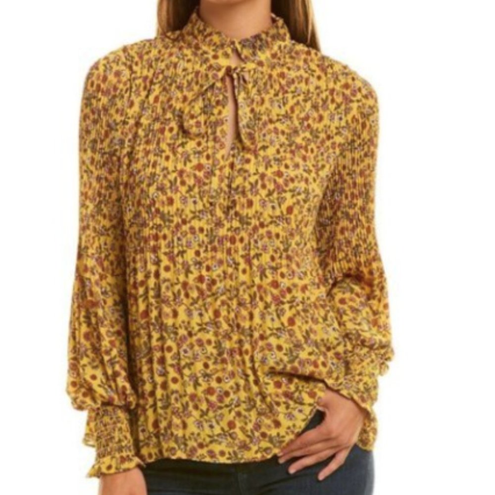 NEW Max Studio Yellow Floral Print Tie Neck Long Sleeve Release Pleat Blouse MED
